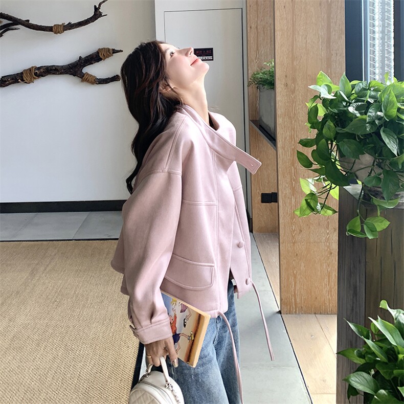 粉色短款皮衣外套女2025春季新款韩系可盐可甜减龄小个子PU皮夹克,女装短外套,2C239