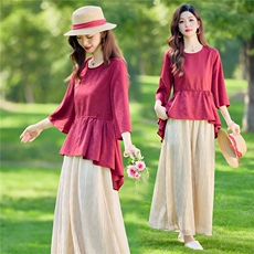 新中式休闲套装女春夏宽松系腰带显瘦七分袖上衣气质裙裤两件套，女装套装/套裙，水衣源