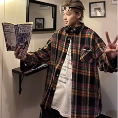 3004-P362025复古撞色格子长袖衬衫男女美式设计感衬衣防晒外套，男装防晒衣，电商B323A