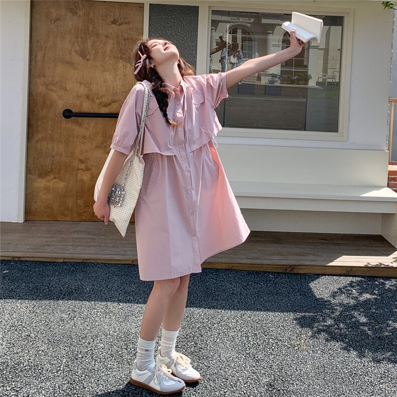 韩系设计感工装风连衣裙女2025夏新款POLO领宽松单排扣休闲衬衫裙,女装连衣裙,浪娴服饰