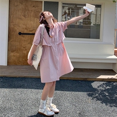 韩系设计感工装风连衣裙女2025夏新款POLO领宽松单排扣休闲衬衫裙，女装连衣裙，浪娴服饰