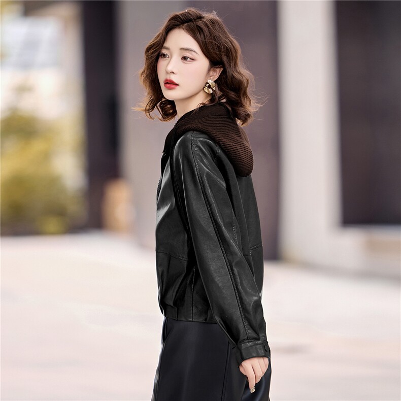 2025年秋季新款现货休闲时尚皮衣外套搭配针织帽子(帽子可脱卸）,女装皮衣,臻衣坊