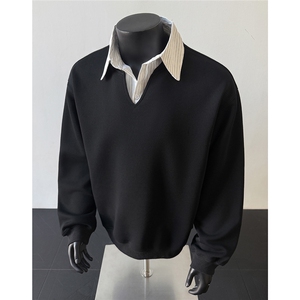 平铺！春装假两件卫衣美式宽松衬衫领老钱风长袖T恤男C26001-TP39图片
