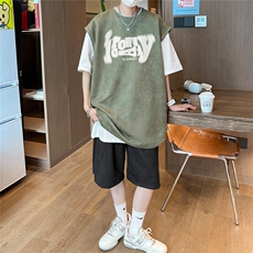 直播美式麂皮绒宽松背心无袖t恤短裤大码两件套套装TZ109-P58，男装T恤，电商A486