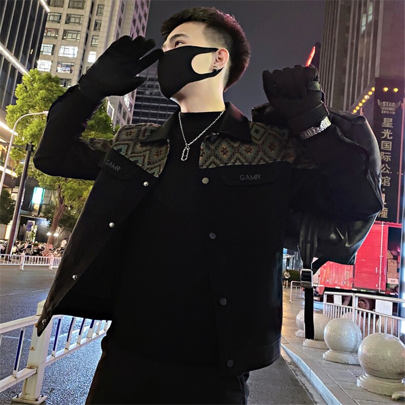 JK89/P128控168春季美式复古拼接机车风皮夹克翻领外套男黑首1，男装夹克，星座305B