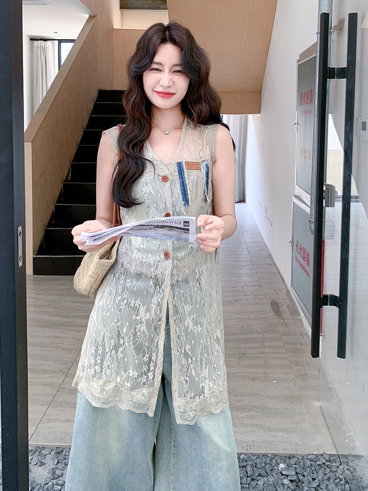 又a又飒蕾丝马甲七分牛仔阔腿裤套装女2025夏季新款小个子两件套,女装套装/套裙,浙宝305