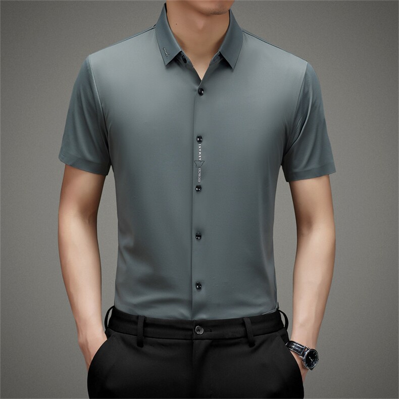 无痕短袖衬衫男翻了纯色上衣服夏季新款中年男士商务休闲宽松衬衣,男装衬衫,电商B212（原钱塘6029）