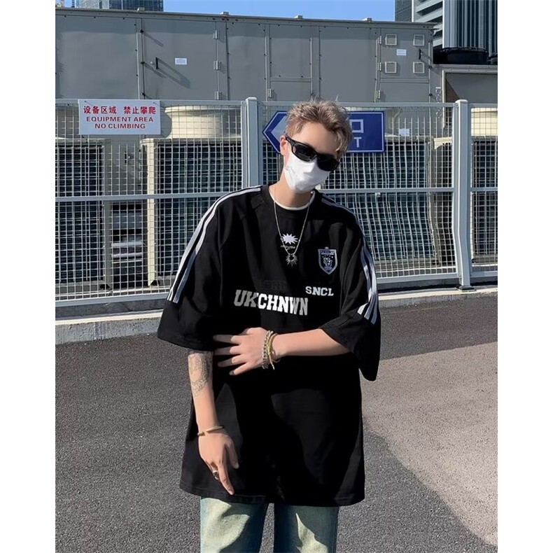 潮牌复古拼接撞色夏季短袖男美式三条杠拼接情侣tee恤中性运动t恤,男装T恤,星座601-2