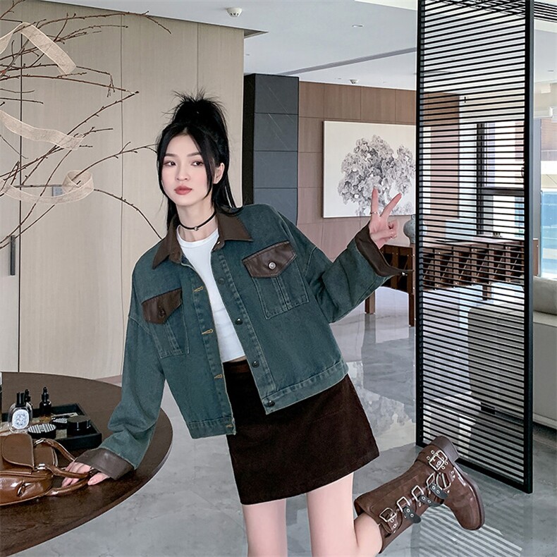 美式pu皮拼接牛仔外套女秋季新款复古宽松短款长袖上衣NZ065-88,男装工装外套,星座911-3