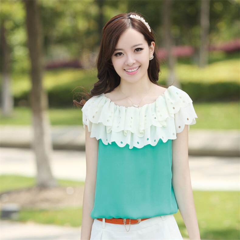 时尚蕾丝拼接雪纺衫甜美荷叶边设计清新显瘦无袖上衣，女装蕾丝衫/雪纺衫，超帛