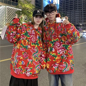 W204春新款男女团队服大花连帽卫衣外套潮民族特色花卫衣情侣装图片