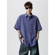 美式复古休闲蓝色格子慵懒衬衫男夏季高级感宽松衬衣外套D409P38，男装衬衫，电商A335-1（原A458）
