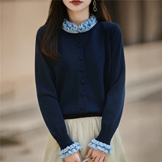 小香风木耳边针织开衫女2025新款撞色假两件显瘦百搭毛衣外套打底，女装羊毛衫，圣丽羊绒