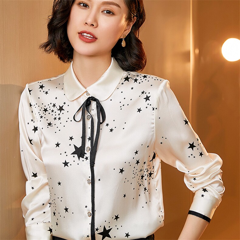 春夏新款星空桑蚕丝衬衫女真丝长袖蝴蝶结百搭宽松气质版高端上衣,女装衬衫,宋氏羊绒