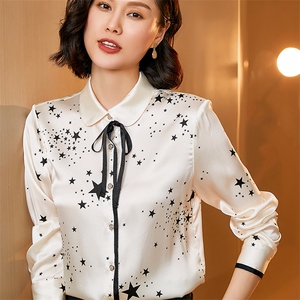 春夏新款星空桑蚕丝衬衫女真丝长袖蝴蝶结百搭宽松气质版高端上衣图片