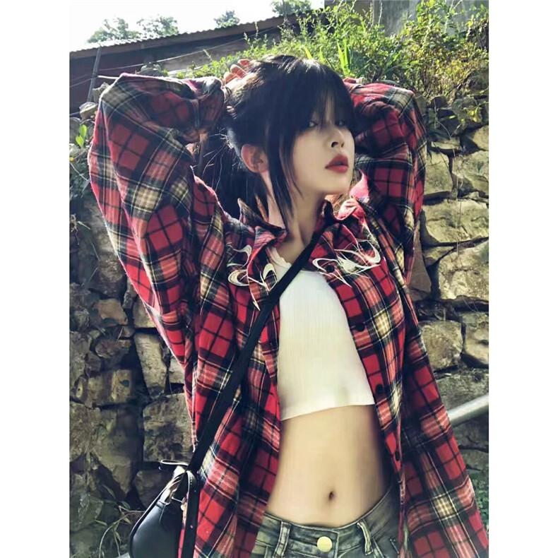 美式复古格子长袖衬衫男女春夏秋季潮牌宽松刺绣休闲衬衣外套潮流,男装衬衫,星座1210-1