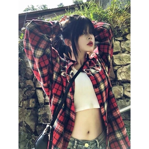 美式复古格子长袖衬衫男女春夏秋季潮牌宽松刺绣休闲衬衣外套潮流图片