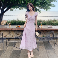 粉紫色碎花连衣裙女夏2025新款度假风少女感温柔风爆款减龄长裙，女装连衣裙，2C131