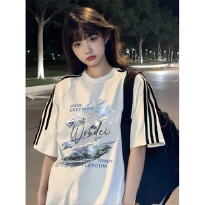 抖音得物高品质二开240克宽松纯棉美式潮牌三条杠织带短袖T恤图片