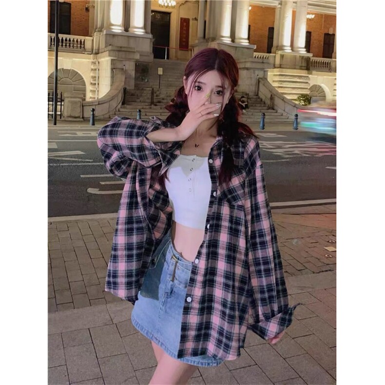 粉色格子衬衫外套女夏季薄款外搭开衫防晒衬衣披肩罩衫小个子上衣,女装衬衫,星座617A-2