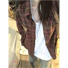 新款贴标紫色格子衬衫外套女宽松休闲中长款衬衣513CS1874P45，男装衬衫，星座513