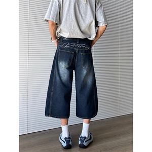 美式复古宽松弯刀七分牛仔裤男女夏季高街宽松阔腿裤潮DK0833-P45图片