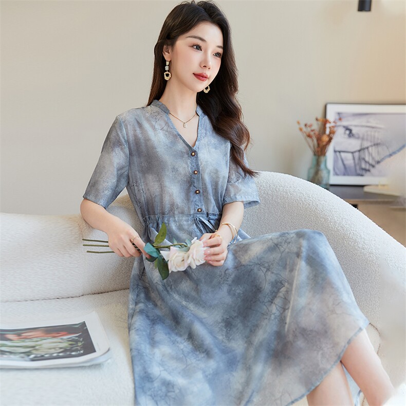 连衣裙女夏2024新款欧货宽松大码抽绳收腰显瘦a字中长款裙子,女装连衣裙,韩蔻秀