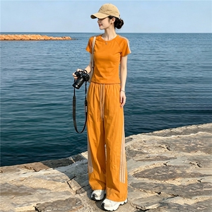 高级感时尚休闲套装女夏季新款高级感圆领短袖上衣束脚长裤两件套图片