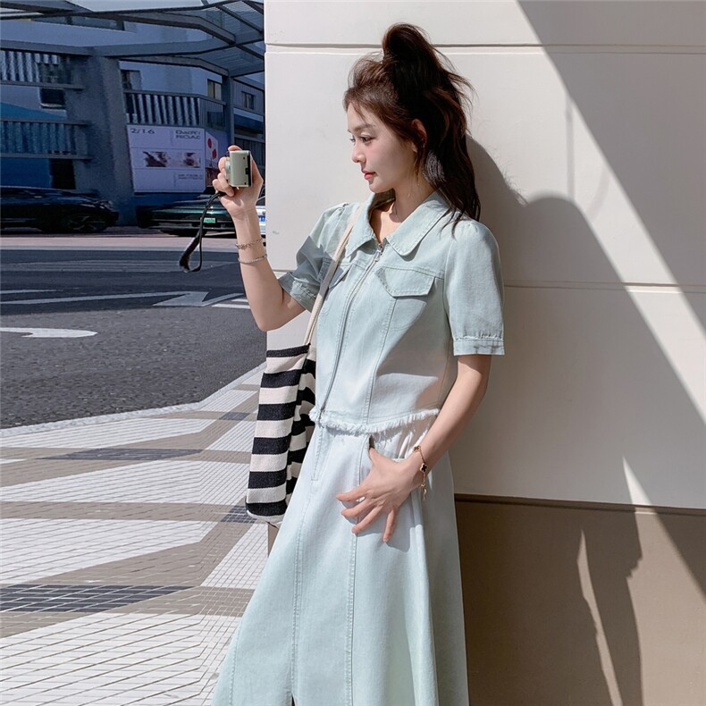 【冰薄荷】浅蓝毛边牛仔衬衫开叉半身裙套装夏装两件套复古做旧潮，女装套装/套裙，诺蝶