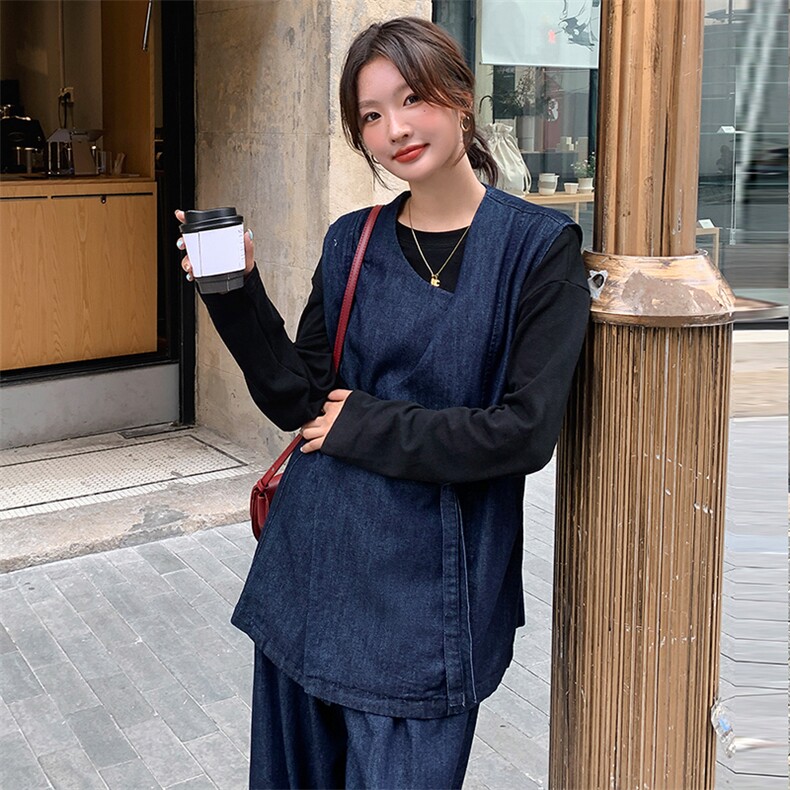 深蓝色不规则松弛感牛仔马甲套装女秋季新款港风轻熟阔腿裤两件套,女装套装/套裙,浙宝305