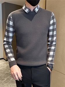 店主风秋冬新款小伙加厚假二件针织毛衣男301A-1/M65/P75控95图片