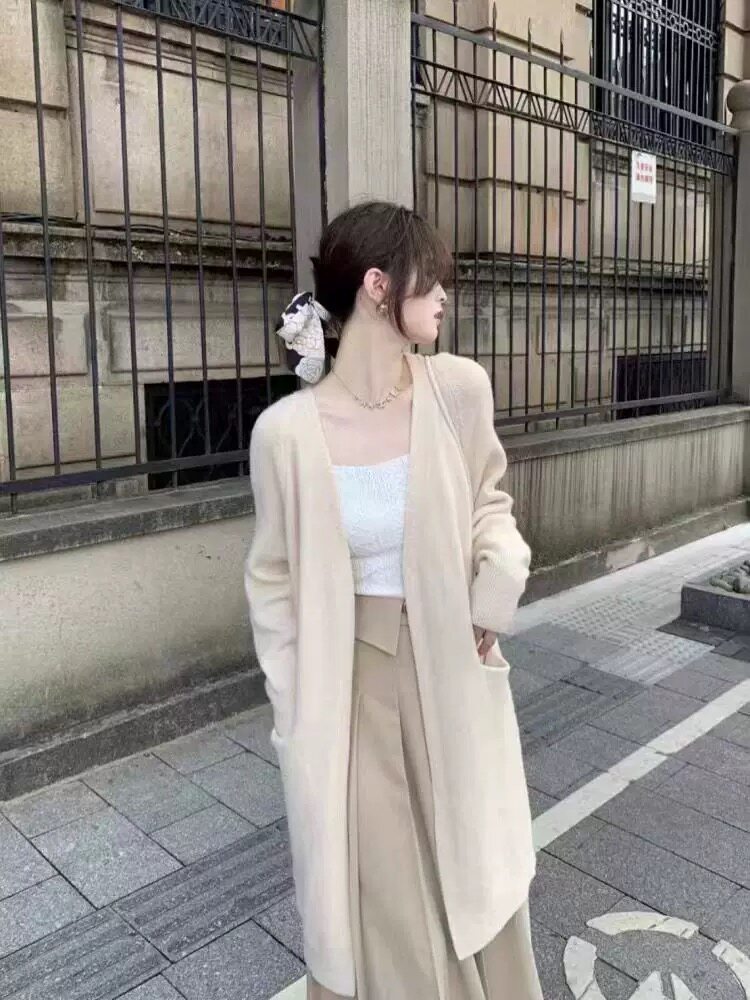 时尚百搭女士羊毛开衫秋冬必备简约长款外套,女装羊毛衫,梵泰羊绒