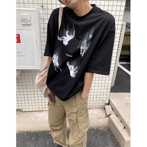 夏季新款复古街头纯棉印花短袖t恤男女休闲宽松半袖体恤 T70108图片
