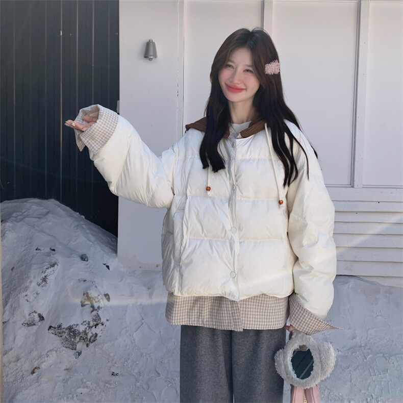 白色撞色拼接假两件保暖针织连帽羽绒服190-5083-90-P350K488,女装羽绒服,2B190
