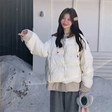 白色撞色拼接假两件保暖针织连帽羽绒服190-5083-90-P350K488，女装羽绒服，2B190