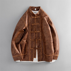 秋冬平铺潮小众设计感PU皮手工擦皮工艺宽松立领盘扣外套JK203，女装短外套，星座305A（原312A-1）