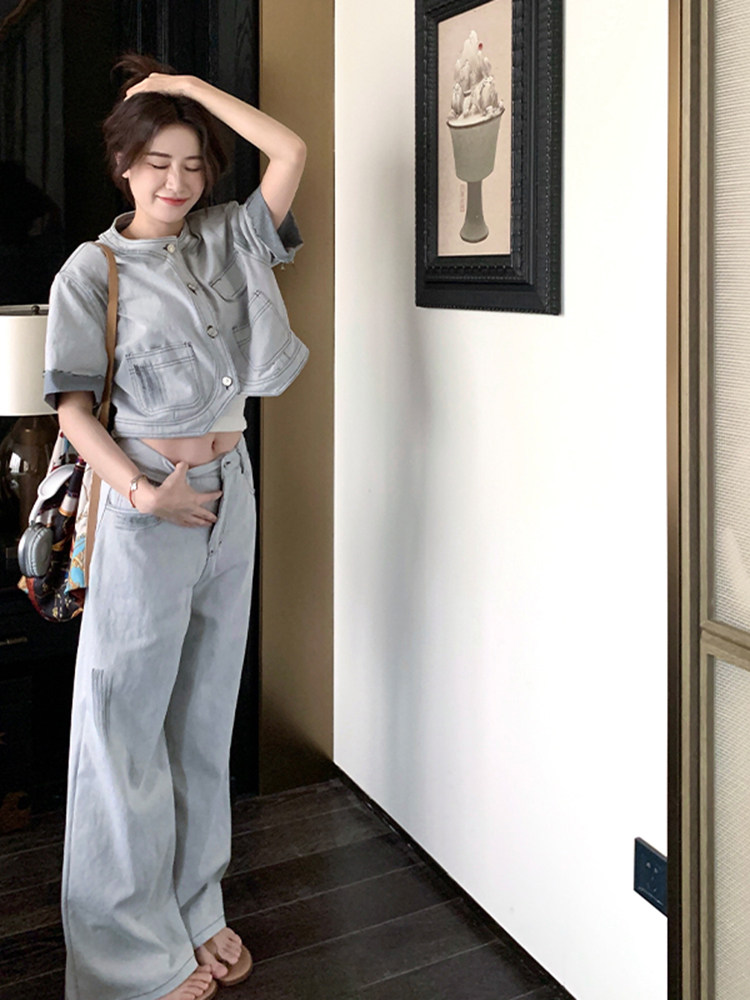 甜酷气质减龄牛仔套装女2025夏季新款设计感圆领上衣阔腿裤两件套,女装套装/套裙,浙宝220