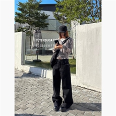 1506/QN0160/P58美式复古柳钉黑色休闲水洗做旧宽松直筒阔腿长裤，男装休闲裤，星座1506