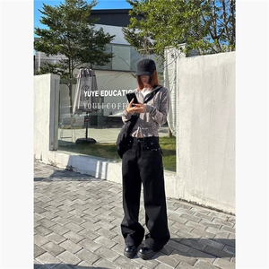 1506/QN0160/P58美式复古柳钉黑色休闲水洗做旧宽松直筒阔腿长裤图片
