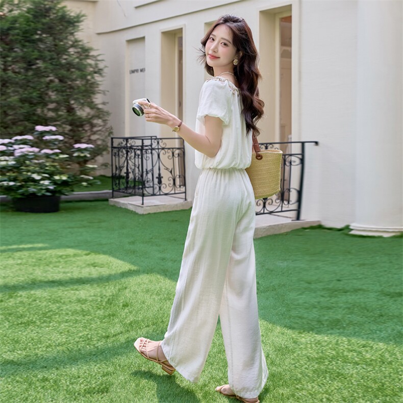 现货新款气质套装女2025年夏季新款一字领衬衫阔腿长裤两件套,女装套装/套裙,美静678