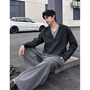 假两件V领毛衣男长袖复古纯色保暖针织打底衫秋冬 MY272图片
