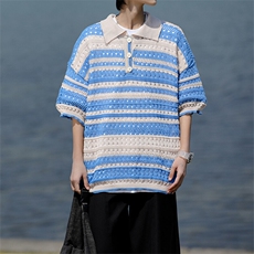 8XL-M特大码美式复古条纹撞色针织POLO衫翻领休闲短袖TDX311P35，男装T恤，电商D206-1