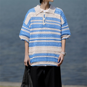8XL-M特大码美式复古条纹撞色针织POLO衫翻领休闲短袖TDX311P35