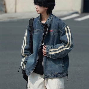 美式复古水洗做旧牛仔夹克男秋季宽松痞帅情侣装机车服外套图片