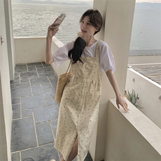 新款现货主推肩带编织碎花背带连衣裙套装9822-P140-K198，女装套装/套裙，2C129