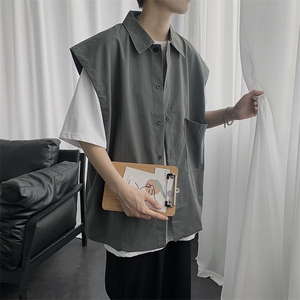 夏季衬衫男无袖衬衣马甲坎肩外套帅气潮流日系百搭外穿E77-P28