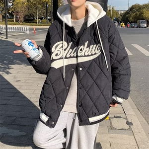 情侣装假两件棉袄加厚棒球服棉冬季美式复古菱格棉服 W5854-P66图片