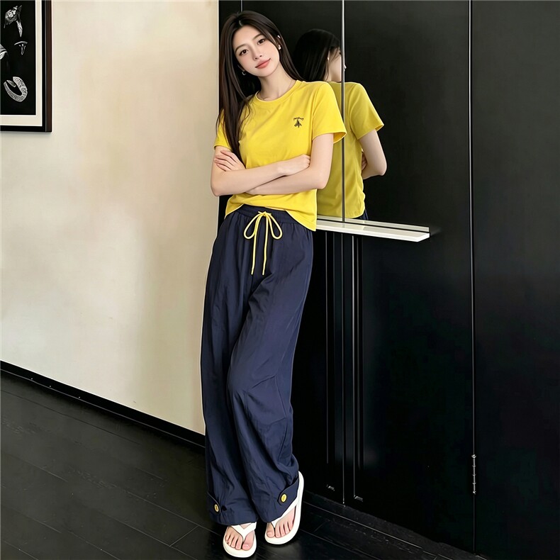 女夏季新款韩版时尚休闲套装修身圆领黄色短袖上衣阔腿长裤两件套,女装套装/套裙,江南