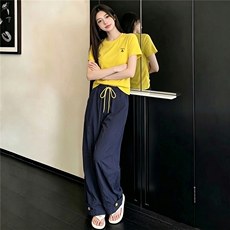 女夏季新款韩版时尚休闲套装修身圆领黄色短袖上衣阔腿长裤两件套，女装套装/套裙，江南