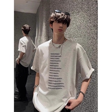 全棉常规纯色日常宽松型青少年落肩袖圆领ins潮牌印花短袖T恤，男装T恤，星座506A